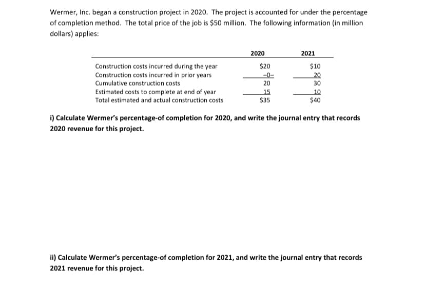 Wermer, Inc. began a construction project in 2020. The project is accounted for under the percentage
of completion method. The total price of the job is $50 million. The following information (in million
dollars) applies:
2020
2021
Construction costs incurred during the year
Construction costs incurred in prior years
$20
-0-
20
$10
20
30
Cumulative construction costs
Estimated costs to complete at end of year
Total estimated and actual construction costs
15
10
$35
$40
i) Calculate Wermer's percentage-of completion for 2020, and write the journal entry that records
2020 revenue for this project.
ii) Calculate Wermer's percentage-of completion for 2021, and write the journal entry that records
2021 revenue for this project.
