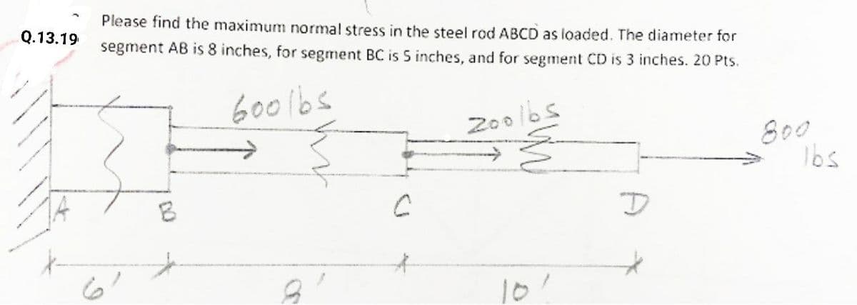 Please find the maximum normal stress in the steel rod ABCD as loaded. The diameter for
Q.13.19
segment AB is 8 inches, for segment BC is S inches, and for segment CD is 3 inches. 20 Pts.
6001bs
200/65
800
1bs
10!
