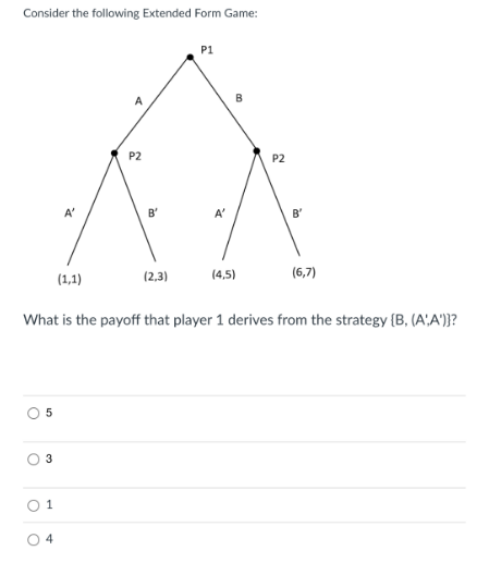 Consider the following Extended Form Game:
5
3
(1,1)
1
2
(2,3)
P1
A'
(4,5)
What is the payoff that player 1 derives from the strategy {B, (A,A')]?
P2
(6,7)