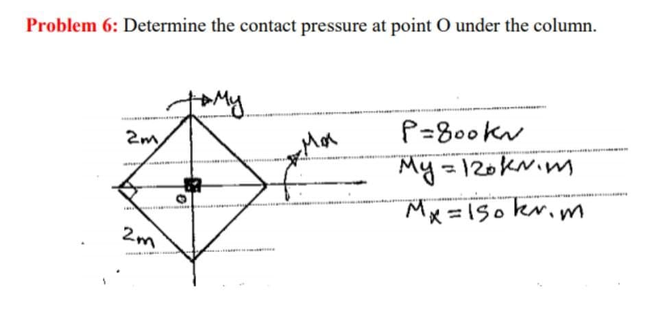Problem 6: Determine the contact pressure at point O under the column.
тому
2m
Max
P=800kN
My = 120kv.m
HALA
Mx=150 kr.m
2m
0