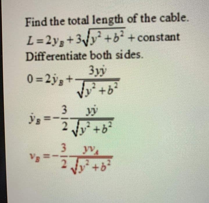 Find the total length of the cable.
L = 2y + 3√√² +6² + constant
Differentiate
both sides.
0=2y +
Зуу
√√₁² +6²
3
vy
VB=-
2 √√y² +6²
3
yv
VS
2√√√₁² +6²