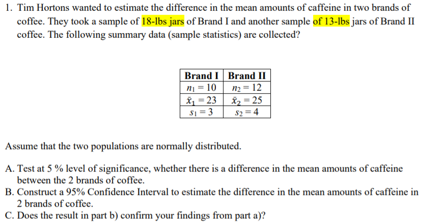 1. Tim Hortons wanted to estimate the difference in the mean amounts of caffeine in two brands of
coffee. They took a sample of 18-lbs jars of Brand I and another sample of 13-lbs jars of Brand II
coffee. The following summary data (sample statistics) are collected?
nį = 10
x, = 23
S1 = 3
Brand I Brand II
n2 = 12
x2 = 25
S2 = 4
Assume that the two populations are normally distributed.
A. Test at 5 % level of significance, whether there is a difference in the mean amounts of caffeine
between the 2 brands of coffee.
B. Construct a 95% Confidence Interval to estimate the difference in the mean amounts of caffeine in
2 brands of coffee.
C. Does the result in part b) confirm your findings from part a)?
