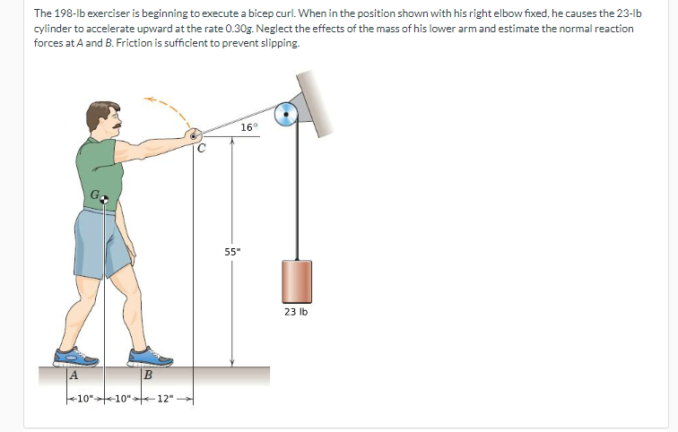 The 198-lb exerciser is beginning to execute a bicep curl. When in the position shown with his right elbow fixed, he causes the 23-lb
cylinder to accelerate upward at the rate 0.30g. Neglect the effects of the mass of his lower arm and estimate the normal reaction
forces at A and B. Friction is sufficient to prevent slipping.
B
10"10"-12"
16°
55"
23 lb