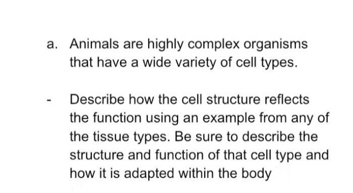 a. Animals are highly complex organisms
that have a wide variety of cell types.
Describe how the cell structure reflects
the function using an example from any of
the tissue types. Be sure to describe the
structure and function of that cell type and
how it is adapted within the body
