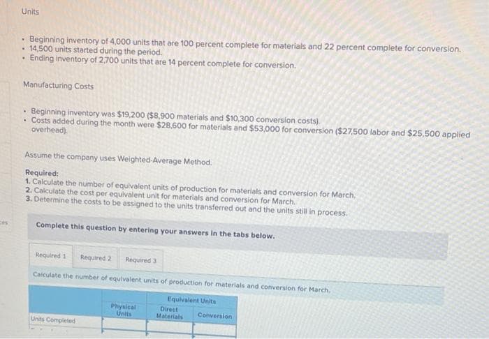 Units
Beginning inventory of 4,000 units that are 100 percent complete for materials and 22 percent complete for conversion.
• 14,500 units started during the period.
Ending inventory of 2,700 units that are 14 percent complete for conversion.
Manufacturing Costs
Beginning inventory was $19,200 ($8,900 materials and $10,300 conversion costs).
Costs added during the month were $28,600 for materials and $53,000 for conversion ($27,500 labor and $25,500 applied
overhead).
Assume the company uses Weighted-Average Method.
Required:
1. Calculate the number of equivalent units of production for materials and conversion for Morch.
2. Calculate the cost per equivalent unit for materials and conversion for March.
3. Determine the costs to be assigned to the units transferred out and the units still in process.
Complete this question by entering your answers in the tabs below.
Ces
Required 1
Required 2
Required 3
Calculate the number of equivalent units of production for materials and conversion for March.
Equivalent Units
Physical
Units
Direct
Materials
Conversion
Units Completed
