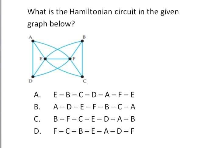 What is the Hamiltonian circuit in the given
graph below?
B
E
F
D
А.
E -B -C-D- A-F-E
В.
A-D-E-F - B-C-A
C.
B -F-C-E- D-A-B
D.
F-C-B-E- A-D-F
