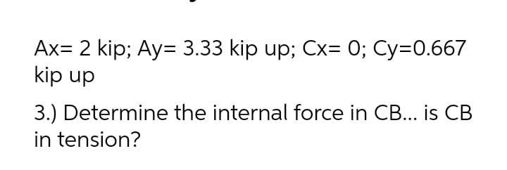 Ax= 2 kip; Ay= 3.33 kip up; Cx= 0; Cy=0.667
kip up
3.) Determine the internal force in CB... is CB
in tension?
