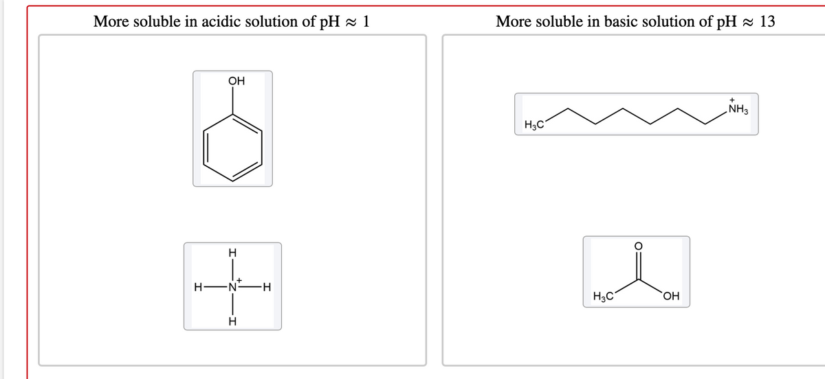 More soluble in acidic solution of pH 1
More soluble in basic solution of pH 13
ОН
+
NH3
H3C
H
H EN
H-
H3C
HO,
