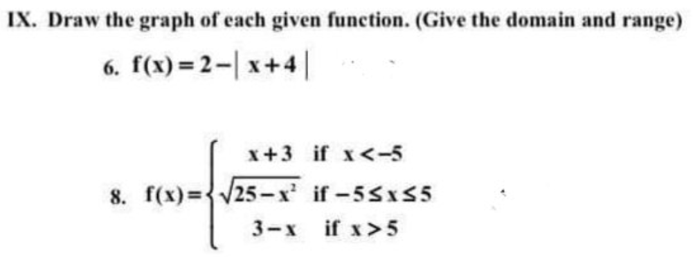 IX. Draw the graph of each given function. (Give the domain and range)
6. f(x)=2- x+4|
x+3 if x<-5
8. f(x)={V25-x' if-5Sx55
3-x if x>5
