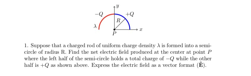 +Q
R
P
1. Suppose that a charged rod of uniform charge density A is formed into a semi-
circle of radius R. Find the net electric field produced at the center at point P
where the left half of the semi-circle holds a total charge of -Q while the other
half is +Q as shown above. Express the electric field as a vector format (É).
