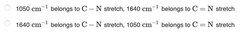 -1
1050 cm
-1
belongs to C – N stretch, 1640 cm
belongs to C =N stretch
-1
-1
1640 cm
belongs to C – N stretch, 1050 cm
belongs to C =N stretch
