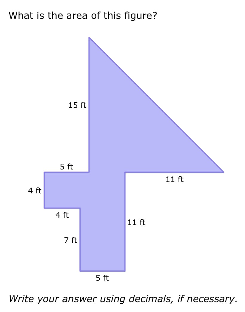 What is the area of this figure?
4 ft
15 ft
5 ft
4 ft
7 ft
5 ft
11 ft
11 ft
Write your answer using decimals, if necessary.