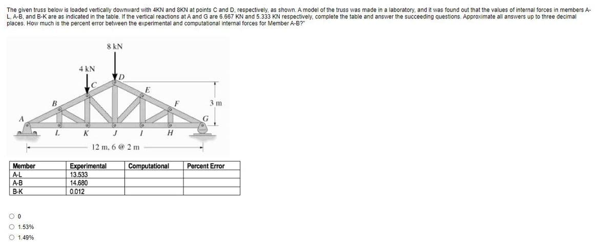 The given truss below is loaded vertically downward with 4KN and 8KN at points C and D, respectively, as shown. A model of the truss was made in a laboratory, and it was found out that the values of internal forces in members A-
L, A-B, and B-K are as indicated in the table. If the vertical reactions at A and G are 6.667 KN and 5.333 KN respectively, complete the table and answer the succeeding questions. Approximate all answers up to three decimal
places. How much is the percent error between the experimental and computational internal forces for Member A-B?"
8 kN
4 kN
3 m
G
K J I
H.
12 m, 6 @ 2 m
Member
Experimental
13.533
14.680
Computational
Percent Error
A-L
A-B
B-K
0.012
O 1.53%
O 1.49%
