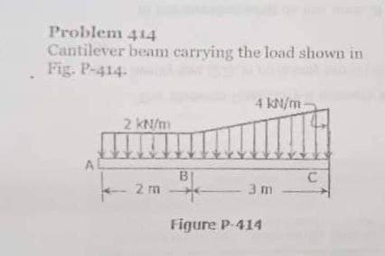 Problem 414
Cantilever beam carrying the load shown in
Fig. P-414.
A
2 kN/m
2 m
B
4 kN/m
3 m
Figure P-414
C