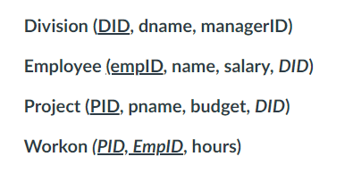 Division (DID, dname, managerID)
Employee (empID, name, salary, DID)
Project (PID, pname, budget, DID)
Workon (PID, EmpID, hours)
