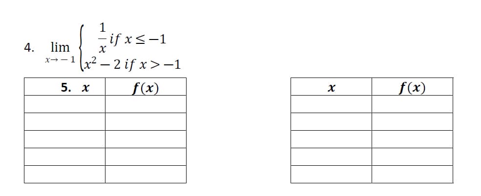 1
-if x<-1
4.
lim
x² – 2 if x>-1
X→- 1
5. x
f(x)
f(x)
