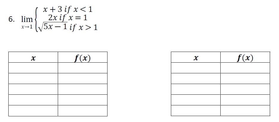 x + 3 if x< 1
2x if x = 1
5х —1 if x>1
6. lim
x→1
f(x)
f(x)
