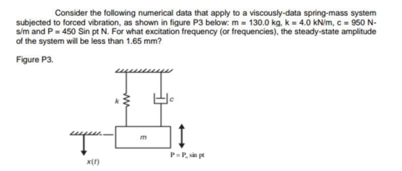Consider the following numerical data that apply to a viscously-data spring-mass system
subjected to forced vibration, as shown in figure P3 below: m = 130.0 kg, k = 4.0 kN/m, c = 950 N-
s/m and P = 450 Sin pt N. For what excitation frequency (or frequencies), the steady-state amplitude
of the system will be less than 1.65 mm?
Figure P3.
P=P, sin pt
x(t)
