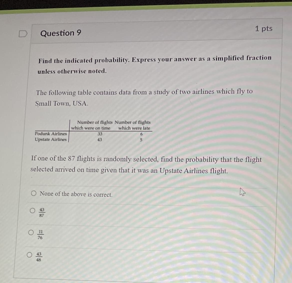 1 pts
Question 9
Find the indicated probability. Express your answer as a simplified fraction
unless otherwise noted.
The following table contains data from a study of two airlines which fly to
Small Town, USA.
Number of flights Number of flights
which were on time
which were late
Podunk Airlines
Upstate Airlines
33
6.
43
If one of the 87 flights is randomly selected, find the probability that the flight
selected arrived on time given that it was an Upstate Airlines flight.
O None of the above is correct.
I1
76
43
48
