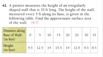 42. A painter measures the height of an irregularly
shaped wall that is 35 ft long. The height of the wall,
measured every 5 ft along its base, is given in the
following table. Find the approximate surface area
of the wall. [4.7]
Distance along
Base of Wall
10
15 20
25
30 35
(in feet)
Height
(in feet)
9.5 12.5 14
15.5 14 12.5 9.5 8.5
