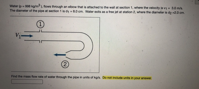 Water (p = 998 kg/m³), flows through an elbow that is attached to the wall at section 1, where the velocity is v₁ = 3.0 m/s.
The diameter of the pipe at section 1 is d₁ = 8.0 cm. Water exits as a free jet at station 2, where the diameter is d2 =2.0 cm.
V₁->>
(2
Find the mass flow rate of water through the pipe in units of kg/s. Do not include units in your answer.