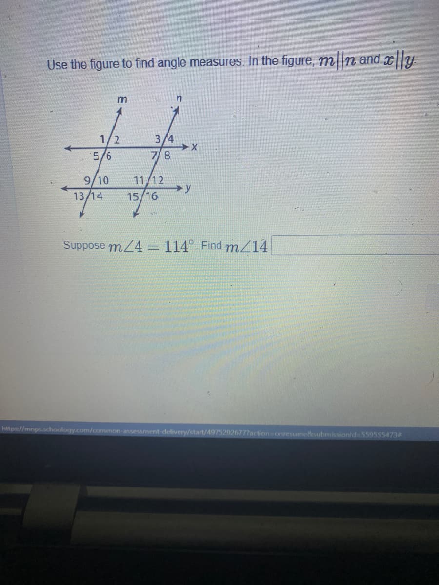 Use the figure to find angle measures. In the figure, m||n and ||y
%23
m
1/2
3/4
5/6
78
9/10
13/14
11/12
→y
15/16
Suppose m24 = 114° Find m/14
https://mnps.schoology.com/common-assessment-delivery/start/4975292677?action onresume&esubmissionld 559555473#
