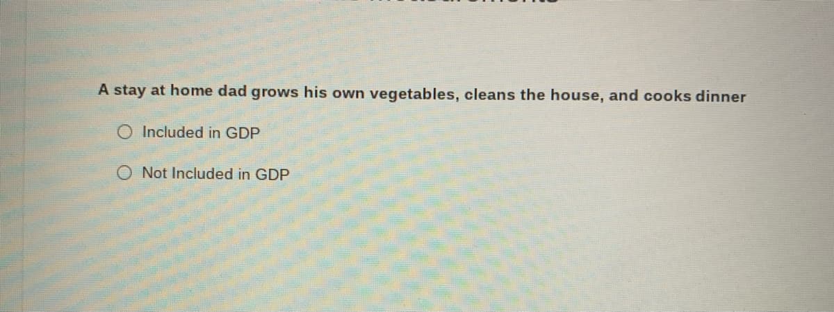 A stay at home dad grows his own vegetables, cleans the house, and cooks dinner
O Included in GDP
Not Included in GDP
