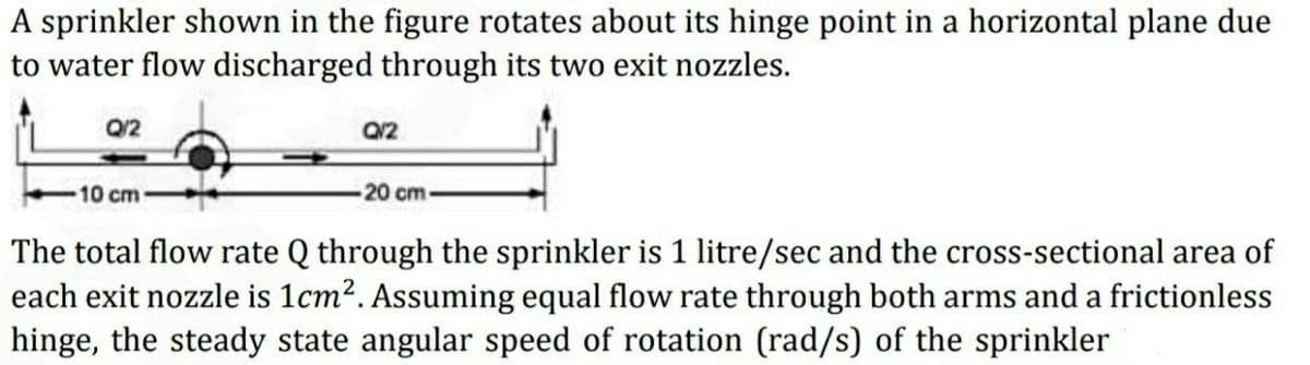 A sprinkler shown in the figure rotates about its hinge point in a horizontal plane due
to water flow discharged through its two exit nozzles.
Q/2
10 cm
20 cm-
The total flow rate Q through the sprinkler is 1 litre/sec and the cross-sectional area of
each exit nozzle is 1cm2. Assuming equal flow rate through both arms and a frictionless
hinge, the steady state angular speed of rotation (rad/s) of the sprinkler
