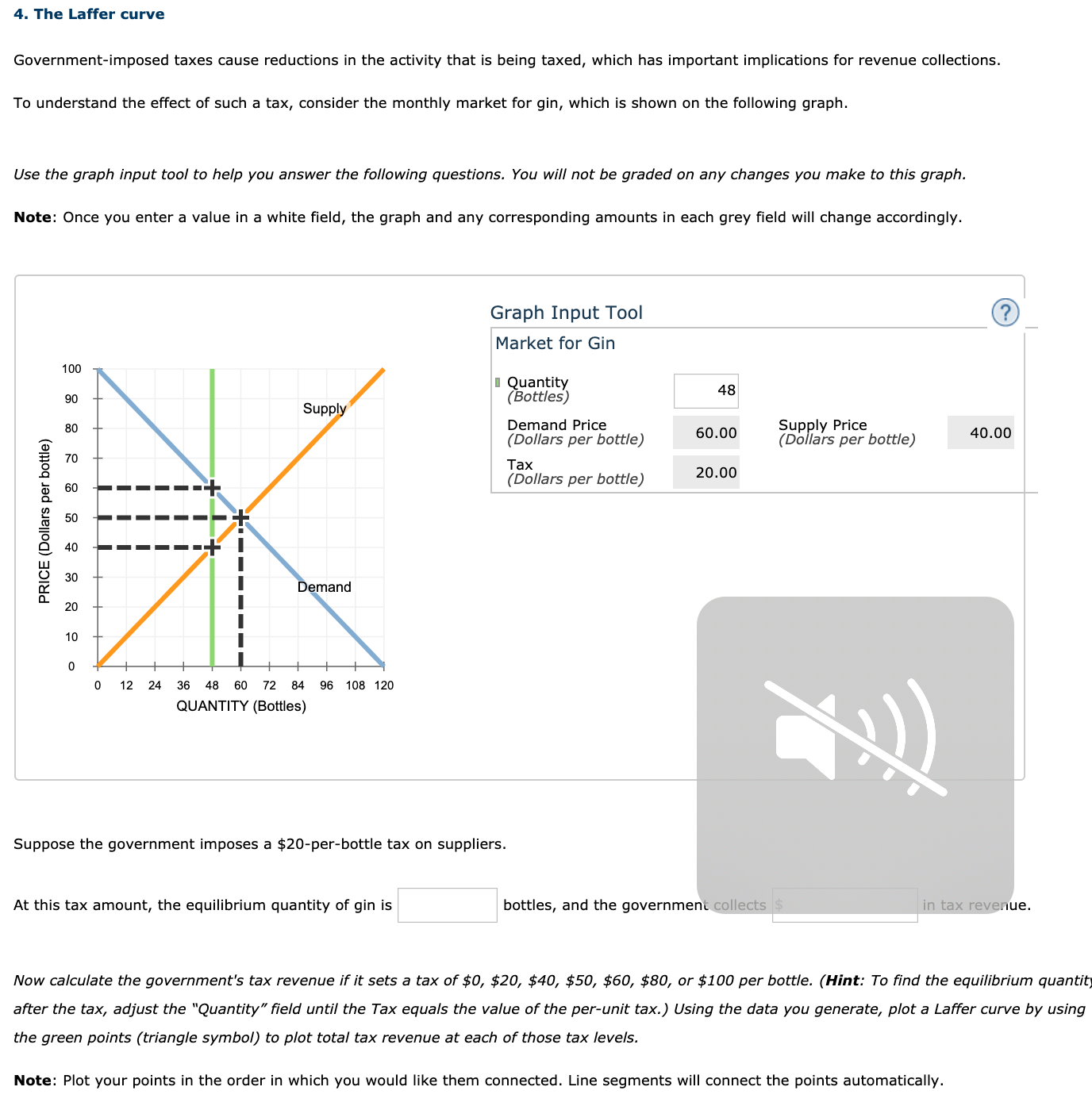 Government-imposed taxes cause reductions in the activity that is being taxed, which has important implications for revenue collections.
To understand the effect of such a tax, consider the monthly market for gin, which is shown on the following graph.
Use the graph input tool to help you answer the following questions. You will not be graded on any changes you make to this graph.
Note: Once you enter a value in a white field, the graph and any corresponding amounts in each grey field will change accordingly.
Graph Input Tool
Market for Gin
100
I Quantity
(Bottles)
48
90
Supply
Demand Price
(Dollars per bottle)
Supply Price
(Dollars per bottle)
80
60.00
40.00
70
Таx
20.00
(Dollars per bottle)
60
50
40
30
Demand
20
10
12 24
36
48
60
72
84
96 108 120
QUANTITY (Bottles)
Suppose the government imposes a $20-per-bottle tax on suppliers.
At this tax amount, the equilibrium quantity of gin is
bottles, and the government collects
in tax revenue.
Now calculate the government's tax revenue if it sets a tax of $0, $20, $40, $50, $60, $80, or $100 per bottle. (Hint: To find the equilibrium quant
after the tax, adjust the "Quantity" field until the Tax equals the value of the per-unit tax.) Using the data you generate, plot a Laffer curve by using
the green points (triangle symbol) to plot total tax revenue at each of those tax levels.
Note: Plot your points in the order in which you would like them connected. Line segments will connect the points automatically.
PRICE (Dollars per bottle)
