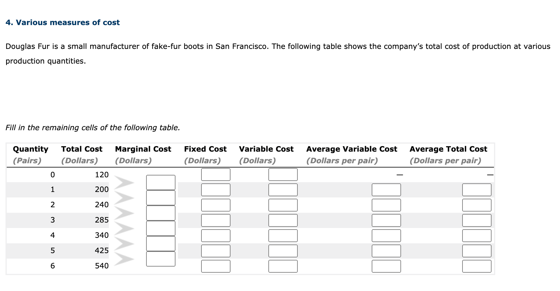 Fill in the remaining cells of the following table.
Average Total Cost
(Dollars per pair)
Quantity
Total Cost
Marginal Cost
Fixed Cost
Variable Cost
Average Variable Cost
(Pairs)
(Dollars)
(Dollars)
(Dollars)
(Dollars)
(Dollars per pair)
120
1
200
240
285
4
340
425
6.
540
