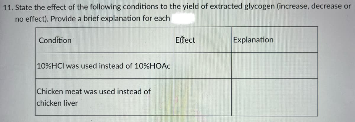11. State the effect of the following conditions to the yield of extracted glycogen (increase, decrease or
no effect). Provide a brief explanation for each
Condition
Effect
Explanation
10%HCI was used instead of 10%HOAC
Chicken meat was used instead of
chicken liver
