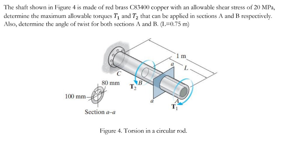 The shaft shown in Figure 4 is made of red brass C83400 copper with an allowable shear stress of 20 MPa,
determine the maximum allowable torques T₁ and T₂ that can be applied in sections A and B respectively.
Also, determine the angle of twist for both sections A and B. (L=0.75 m)
100 mm-
80 mm
Section a-a
B
T₂
1 m
Figure 4. Torsion in a circular rod.