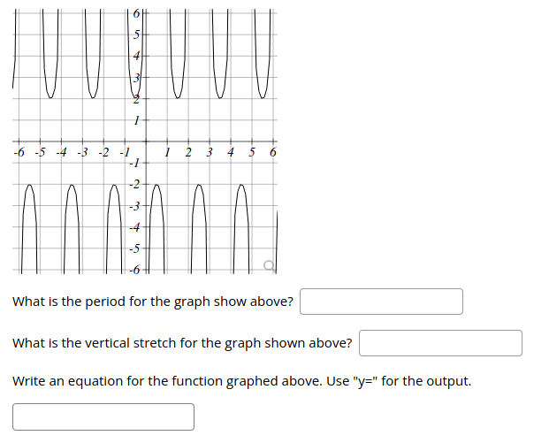 -6 -5 -4 -3 -2 -1
1 2 3
4 5 6
What is the period for the graph show above?
What is the vertical stretch for the graph shown above?
Write an equation for the function graphed above. Use "y=" for the output.
