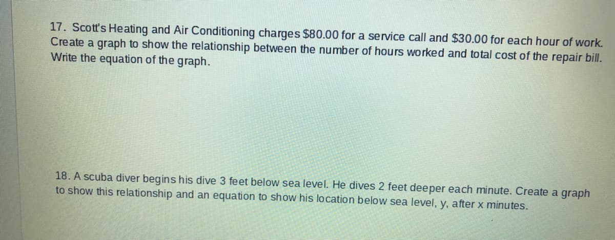 17. Scott's Heating and Air Conditioning charges $80.00 for a service call and $30.00 for each hour of work.
Create a graph to show the relationship between the number of hours worked and total cost of the repair bill.
Write the equation of the graph.
18. A scuba diver begins his dive 3 feet below sea level. He dives 2 feet deeper each minute. Create a graph
to show this relationship and an equation to show his location below sea level, y, after x minutes.
