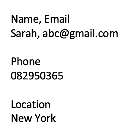 Name, Email
Sarah, abc@gmail.com
Phone
082950365
Location
New York
