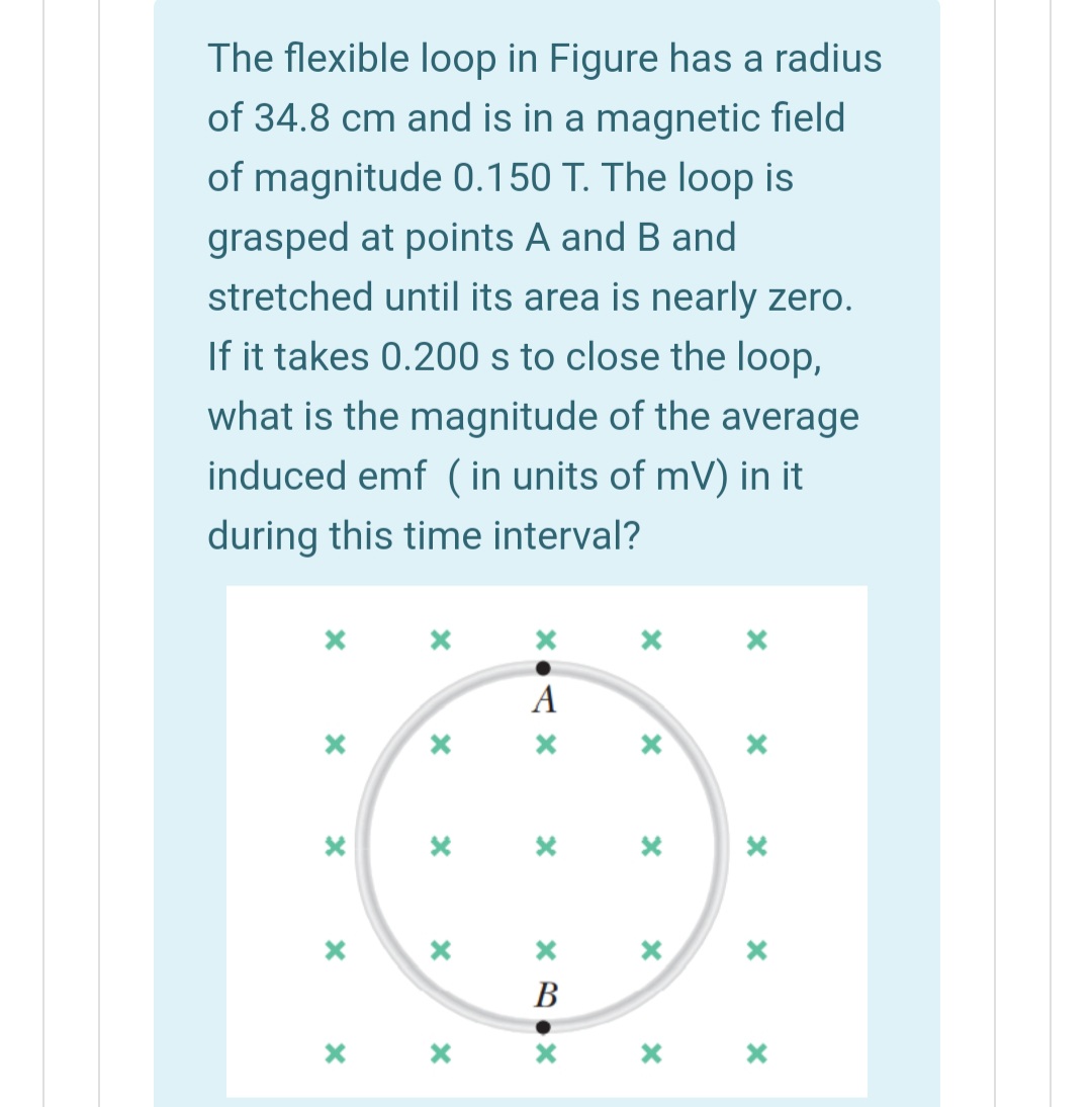 The flexible loop in Figure has a radius
of 34.8 cm and is in a magnetic field
of magnitude 0.150 T. The loop is
grasped at points A and B and
stretched until its area is nearly zero.
If it takes 0.200 s to close the loop,
what is the magnitude of the average
induced emf ( in units of mV) in it
during this time interval?
A
В
