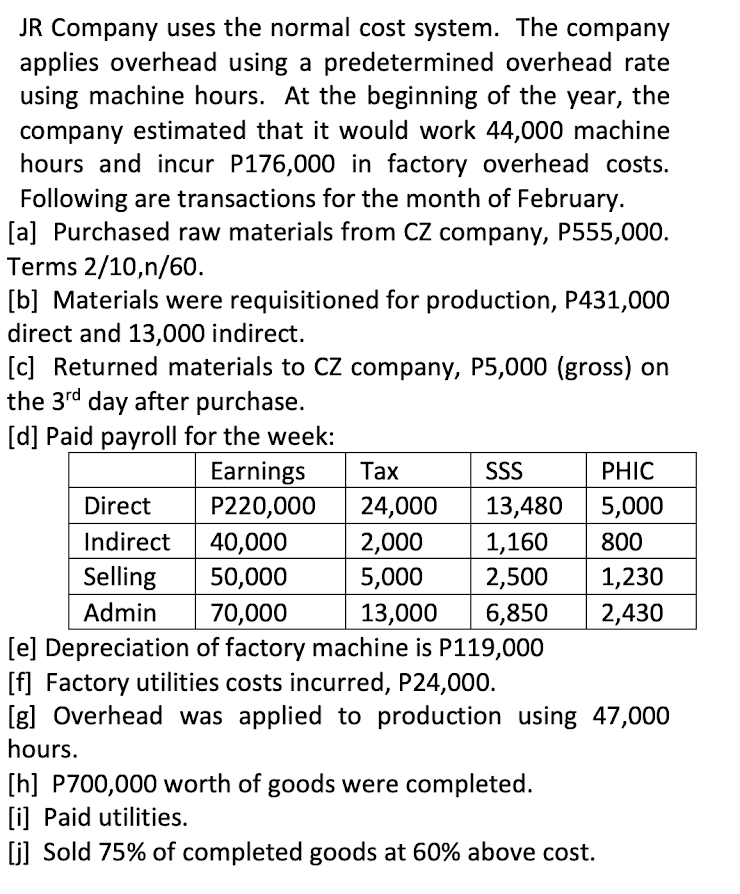 JR Company uses the normal cost system. The company
applies overhead using a predetermined overhead rate
using machine hours. At the beginning of the year, the
company estimated that it would work 44,000 machine
hours and incur P176,000 in factory overhead costs.
Following are transactions for the month of February.
[a] Purchased raw materials from CZ company, P555,000.
Terms 2/10,n/60.
[b] Materials were requisitioned for production, P431,000
direct and 13,000 indirect.
[c] Returned materials to CZ company, P5,000 (gross) on
the 3rd day after purchase.
[d] Paid payroll for the week:
Earnings
Таx
SSS
PHÍC
Direct
P220,000
24,000
13,480
5,000
Indirect
2,000
5,000
1,160
2,500
40,000
800
Selling
50,000
1,230
Admin
70,000
13,000
6,850
2,430
[e] Depreciation of factory machine is P119,000
[f] Factory utilities costs incurred, P24,000.
[g] Overhead was applied to production using 47,000
hours.
[h] P700,000 worth of goods were completed.
[i] Paid utilities.
[j] Sold 75% of completed goods at 60% above cost.

