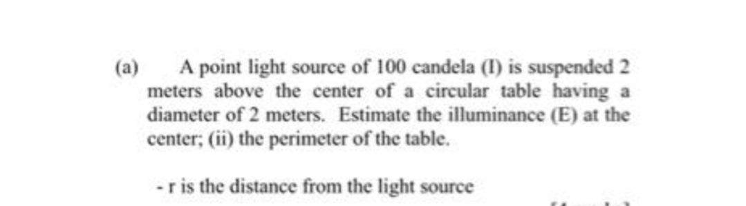 A point light source of 100 candela (I) is suspended 2
meters above the center of a circular table having a
diameter of 2 meters. Estimate the illuminance (E) at the
center; (ii) the perimeter of the table.
(a)
-r is the distance from the light source
