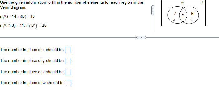 Use the given information to fill in the number of elements for each region in the
Venn diagram.
n(A) = 14, n(B) = 16
n(ANB) = 11, n (B) = 28
The number in place of x should be
The number in place of y should be
The number in place of z should be
The number in place of w should be
(
A
X
B
Z
b