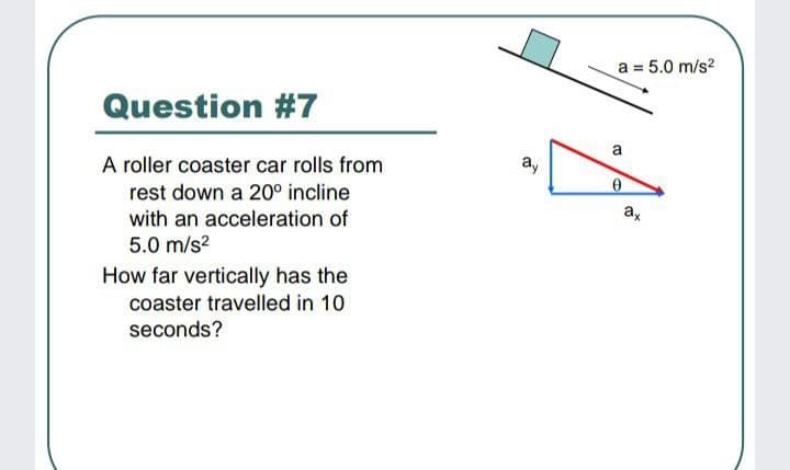 a = 5.0 m/s?
Question #7
A roller coaster car rolls from
ay
rest down a 20° incline
with an acceleration of
5.0 m/s2
How far vertically has the
coaster travelled in 10
seconds?
