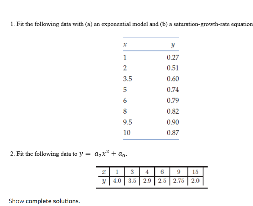1. Fit the following data with (a) an exponential model and (b) a saturation-growth-rate equation
1
0.27
2
0.51
3.5
0.60
0.74
0.79
8
0.82
9.5
0.90
10
0.87
2. Fit the following data to y = a2x² + ao-
3| 4 6 9 | 15
x| 1
y | 4.0 | 3.5 | 2.9 | 2.5 | 2.75
2.0
Show complete solutions.
