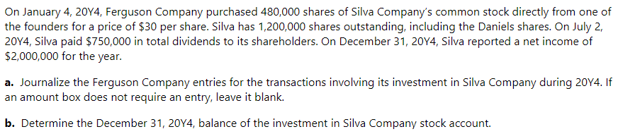 On January 4, 20Y4, Ferguson Company purchased 480,000 shares of Silva Company's common stock directly from one of
the founders for a price of $30 per share. Silva has 1,200,000 shares outstanding, including the Daniels shares. On July 2,
20Y4, Silva paid $750,000 in total dividends to its shareholders. On December 31, 20Y4, Silva reported a net income of
$2,000,000 for the year.
a. Journalize the Ferguson Company entries for the transactions involving its investment in Silva Company during 20Y4. If
an amount box does not require an entry, leave it blank.
b. Determine the December 31, 20Y4, balance of the investment in Silva Company stock account.
