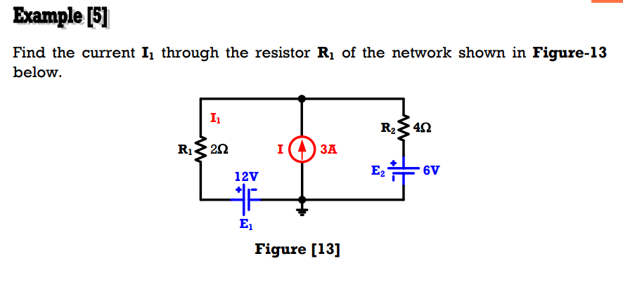 Example [5]
Find the current I through the resistor R1 of the network shown in Figure-13
below.
I1
R22 42
R12 22
I
ЗА
E2
6V
12V
E,
Figure [13]
