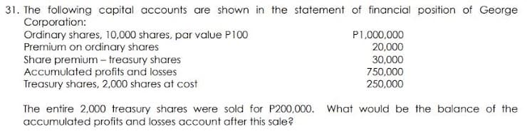 31. The following capital accounts are shown in the statement of financial position of George
Corporation:
Ordinary shares, 10,000 shares, par value P100
Premium on ordinary shares
Share premium – treasury shares
Accumulated profits and losses
Treasury shares, 2,000 shares at cost
P1,000,000
20,000
30,000
750,000
250,000
The entire 2,000 treasury shares were sold for P200,000. What would be the balance of the
accumulated profits and losses account after this sale?
