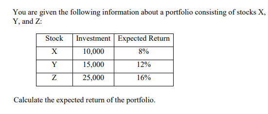 You are given the following information about a portfolio consisting of stocks X,
Y, and Z:
Stock
Investment Expected Return
X
10,000
8%
Y
15,000
12%
25,000
16%
Calculate the expected return of the portfolio.
