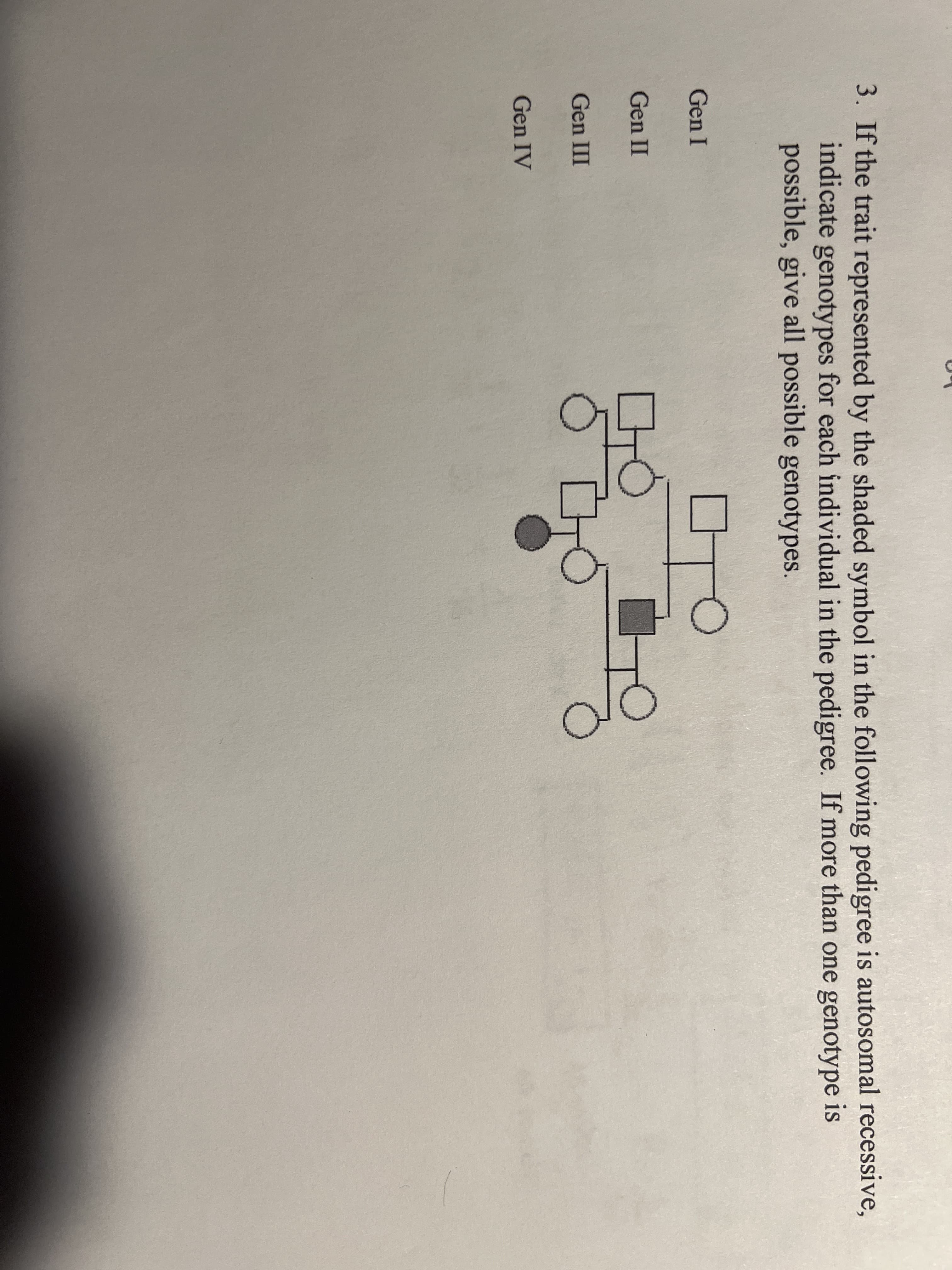 3. If the trait represented by the shaded symbol in the following pedigree is autosomal recessive,
indicate genotypes for each individual in the pedigree. If more than one genotype is
possible, give all possible genotypes.
Gen I
Gen II
Gen III
Gen IV
