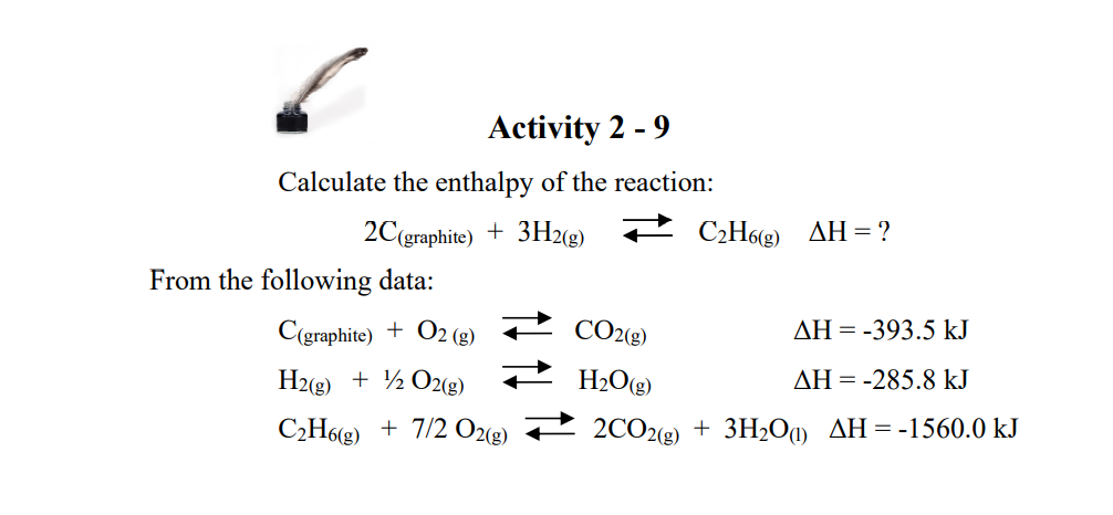 Activity 2 - 9
Calculate the enthalpy of the reaction:
2C(graphite) + 3H2(g) C2Hg) AH = ?
From the following data:
C(graphite) + O2 (g)
CO2(g)
AH = -393.5 kJ
H2(g) + ½ O2(g) 7 H20O(g)
AH = -285.8 kJ
C2H6(g) + 7/2 O2(g) 2CO2(g) + 3H2O0 AH=-1560.0 kJ

