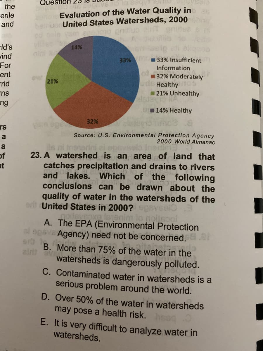 Question
the
Evaluation of the Water Quality in
United States Watersheds, 2000
cerile
and
rld's
vind
For
ent
rrid
14%
33%
33% Insufficient
Information
132% Moderately
ds Healthy
21% Unhealthy
21%
ns
ng
014% Healthy
32%
rs
mage
Source: U.S. Environmental Protection Agency
2000 World Almanac
a
a
23. A watershed is an area of land that
of
at
catches precipitation and drains to rivers
and lakes. Which of the following
conclusions can be drawn about the
quality of water in the watersheds of the
er United States in 2000?eBVsei
A. The EPA (Environmental Protection
al epava Agency) need not be concerned.
art
B. More than 75% of the water in the
eirlt
watersheds is dangerously polluted.
C. Contaminated water in watersheds is a
serious problem around the world.
D. Over 50% of the water in watersheds
may pose a health risk. hseg .O
E. It is very difficult to analyze water in
watersheds.
