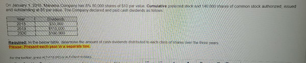 On January 1. 2018 Manama Company has 8% 80.000 shares of $10 par value, Cumulative preferred stock and 140.000 shares of common stock authorized, issued
and outstanding at $5 par value The Company declared and paid cash dividends as follows
Dividends
$50,000
$110.000
$190,000
Year
2018
2019
2020
Required: In the below table determine the amount of cash dividends distributed to each class of shares over the three vears
Please: Present each year in a separate line.
For the toolbar, press ALT+F10 (PG) or ALT+FN-F10 (Mac).
