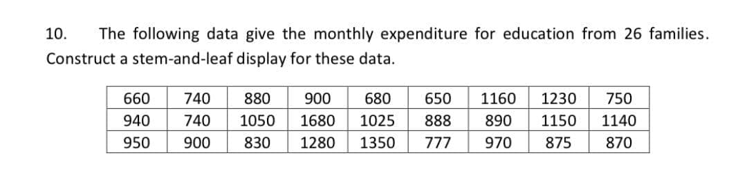 10.
The following data give the monthly expenditure for education from 26 families.
Construct a stem-and-leaf display for these data.
660
740
880
900
680
650
1160
1230
750
940
740
1050
1680
1025
888
890
1150
1140
950
900
830
1280
1350
777
970
875
870
